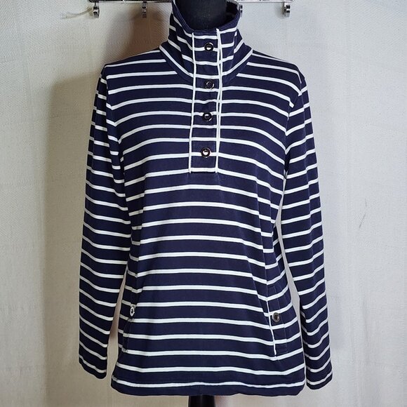 Karen Scott Sport Navy Stripe Cotton Span LS 1/4 Snap Up Stand Collar Top Sz M - Picture 1 of 16